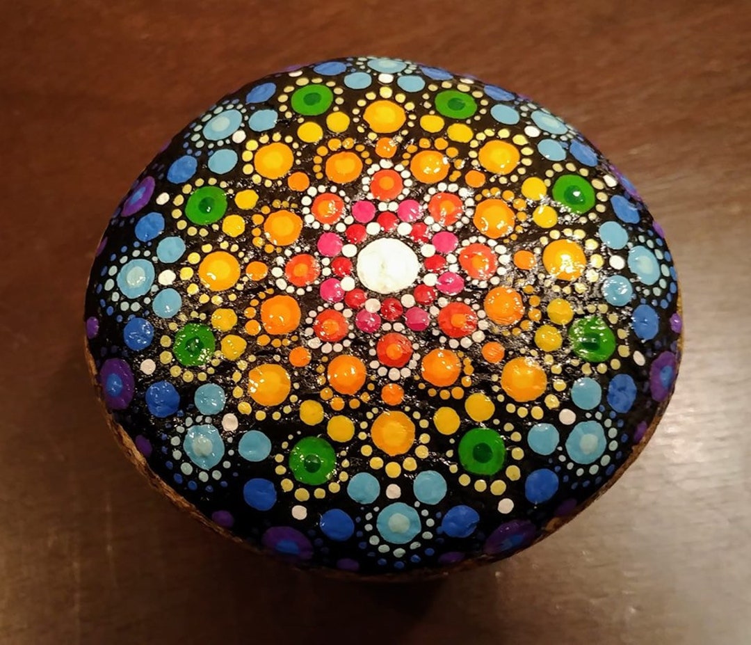 Handpainted Rainbow Dot Mandala Rock / Stone, Sealed W/ Resin ...