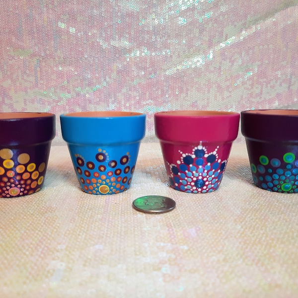 Tiny Hand-painted Succulent Flower Pot - Mandala Pattern, Dot Painting, Pointillism, Bright, Vibrant, Psychedelic, Sealed