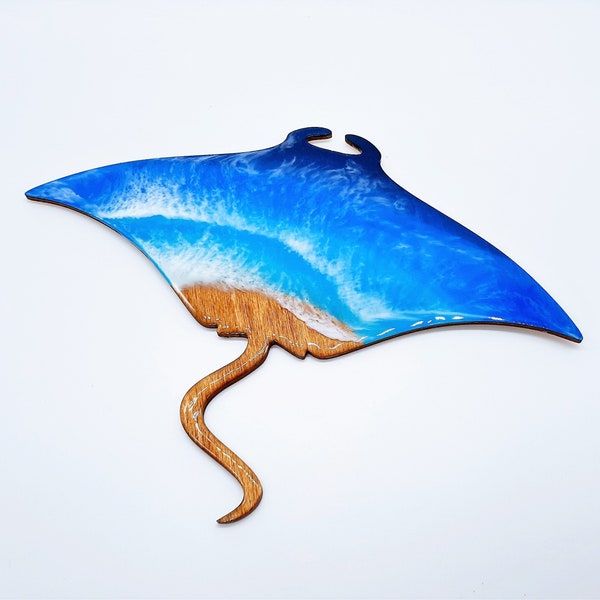 12" Handpainted Eco-Friendly Resin Seascape Coastal Beach Scene on a String Ray / Manta Ray, Deep Contrast Waves, With or Without Real Sand