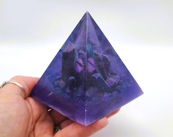 Eco-Friendly 3" Epoxy Resin Purple Orgonite Pyramid with Crystal Quartz Cluster Inside