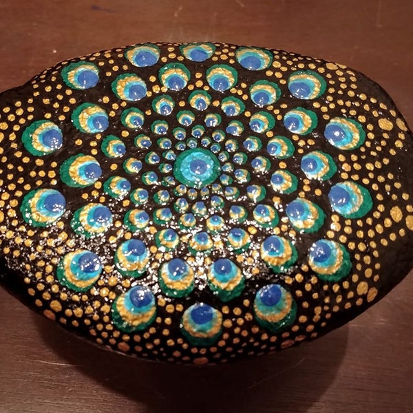 Handpainted Blue / Gold Peacock Dot Mandala Rock / Stone, Sealed w/ Resin, Pointillism, Geometric, Trippy, Zen, Meditation, Relax