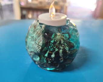 Medium Wavy Spherical Seascape Candle Holder Made w/ Eco-Friendly Epoxy Resin & Seashells - Includes Real UNSCENTED Tealight/LED Tealight