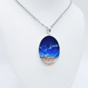 Resin Waves Large Oval Shaped Ocean Pendant / Beach Scene Necklace, Handmade Made with Resin & Real Sand - One of a Kind - Not a Photograph!