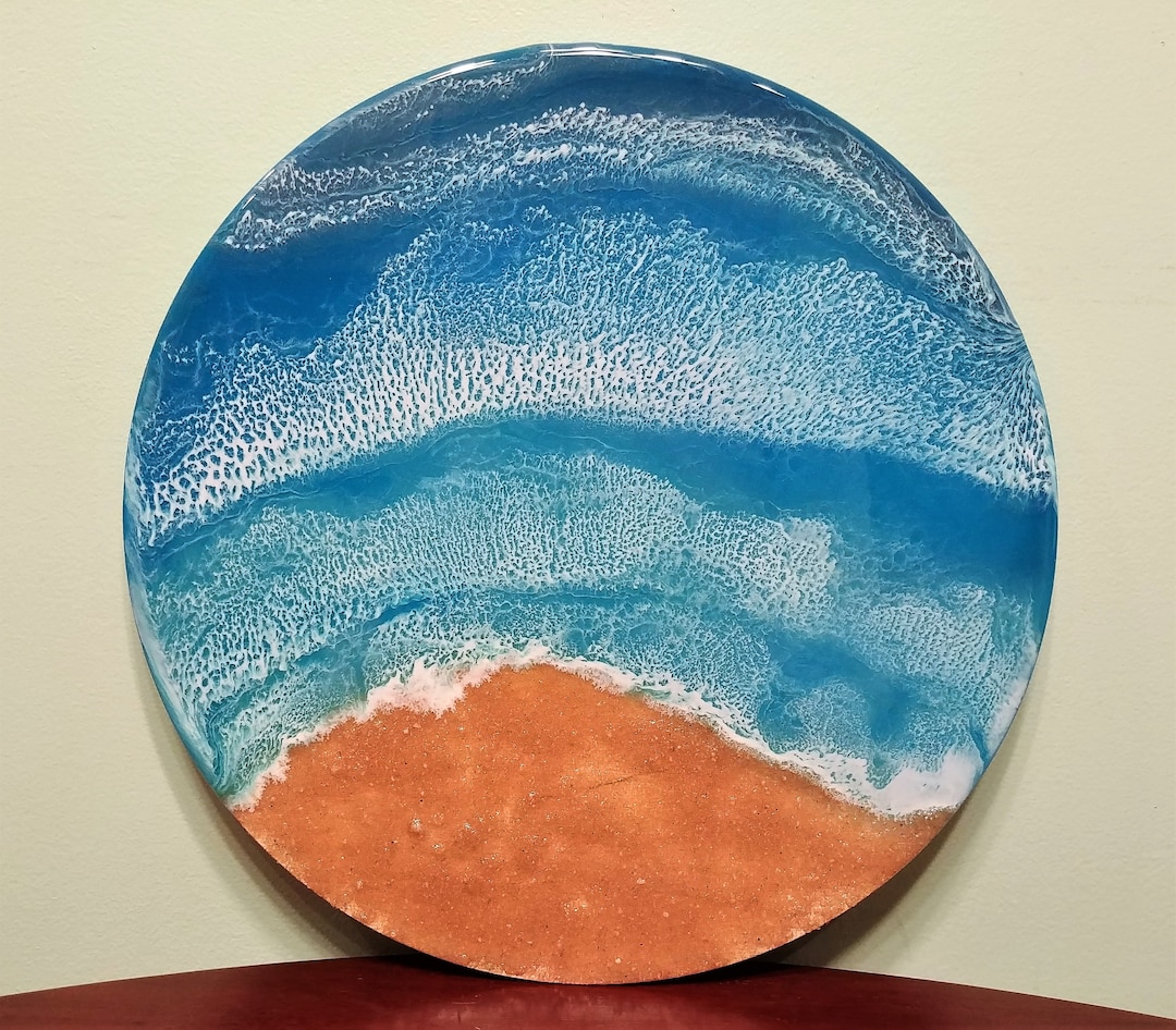 Handpainted Ecofriendly Epoxy Resin Seascape Coastal Beach Scene, Deep