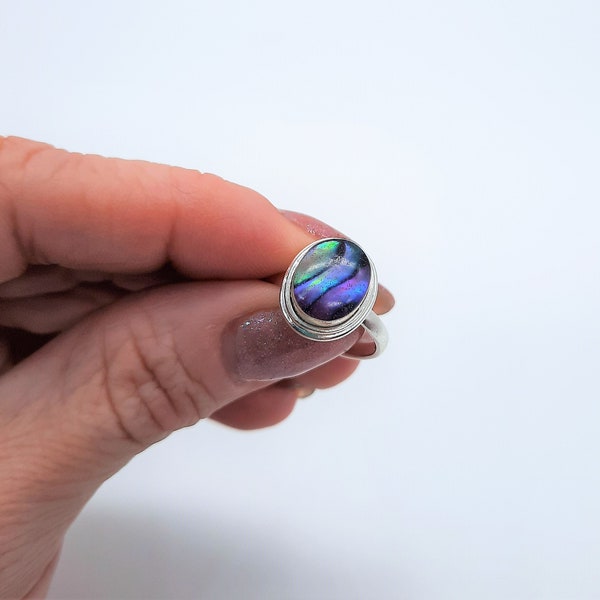 Handmade / Handcrafted 925 Sterling Silver Natural Purple Abalone / Paua Seashell Ring, Oval, Sealed w/ Holographic Mica Infused Resin