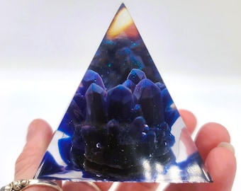 Eco-Friendly 2" Epoxy Resin Orgonite Pyramid with Purple Crystal Quartz Cluster Inside