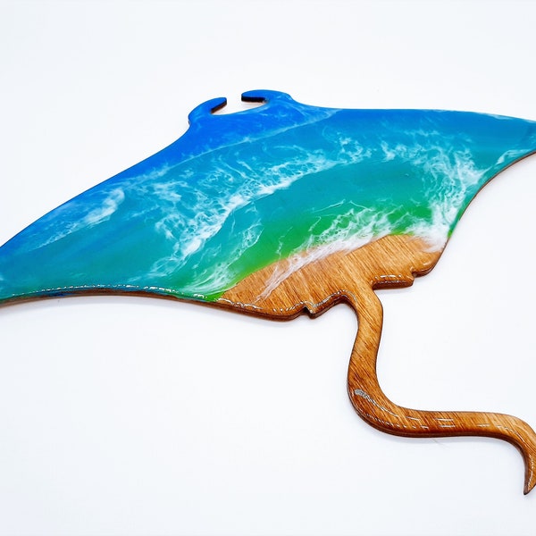 12" Handpainted Eco-Friendly Resin Seascape Coastal Beach Scene on a String Ray / Manta Ray, Deep Contrast Waves, With or Without Real Sand