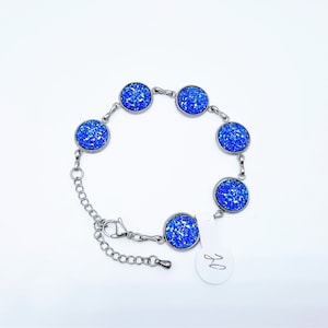 Handcrafted Iridescent Bright Royal Blue Druzy Stone Link Bracelet - Hypoallergenic Silver Stainless Steel-Adjustable-Lobster Claw Closure