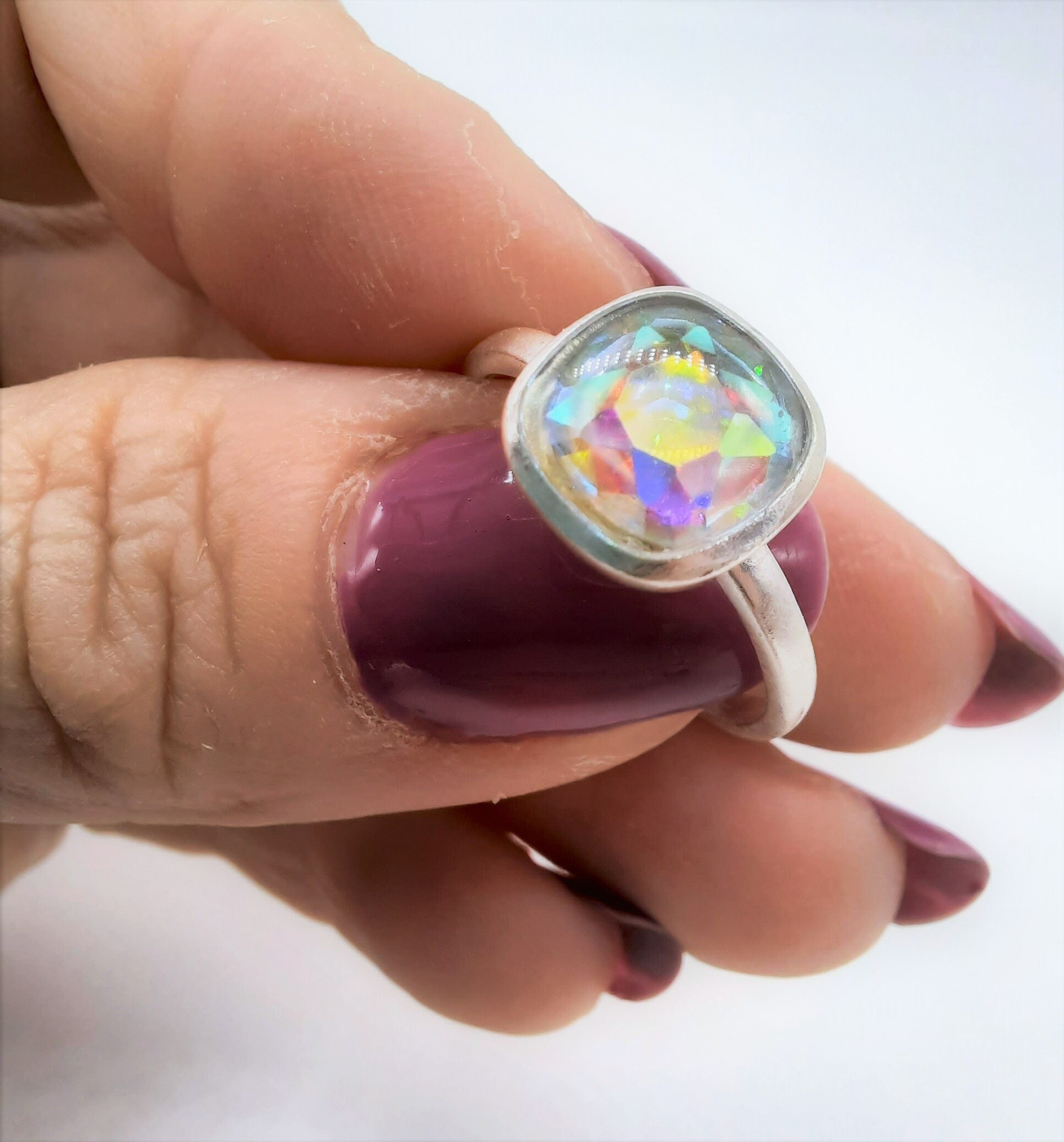 Amazon.com: Handcrafted Square Design 925 Sterling Silver Iridescent  Multifaceted Ruby Red Aurora Borealis Ring, Domed with Mica Infused Resin :  Handmade Products