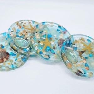 Eco-Friendly Resin Seashell Coasters (Set of 4) w/ Mica Powder, Starfish, Sand Dollar, Abalone, and Sea Shells, Round, Square, or Hexagon