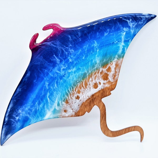 10" Handpainted Eco-Friendly Resin Seascape Coastal Beach Scene on a String Ray / Manta Ray, Deep Contrast Waves, With or Without Real Sand