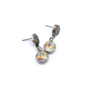 Handmade / Handcrafted Multifaceted Aurora Borealis Rhinestone Pendant Earrings - Hypoallergenic Stainless Steel Scroll Stud Earrings
