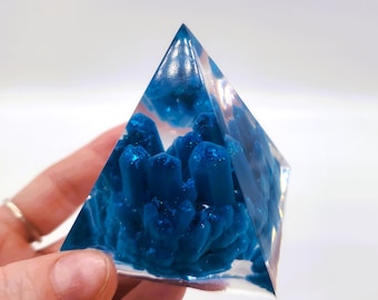 Eco-Friendly 2" Epoxy Resin Blue Orgonite Pyramid with Crystal Quartz Cluster Inside