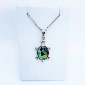 May include: A silver chain necklace with a silver turtle pendant featuring an iridescent abalone shell.