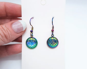 Handcrafted Blue-Green Iridescent Mermaid Scale / Dragon Scale Earrings / Made w/ Hypoallergenic Rainbow Chromium Stainless Steel Wire Hooks