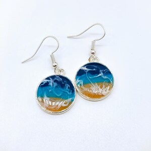 Real Sand Resin Waves Medium Round Ocean Earrings/Beach Scene/Seascape Earrings/Made w/ Sand, Resin, Mica, & Hypoallergenic Stainless Steel