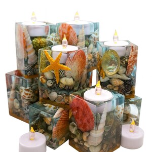 Ocean Themed Square Candle Holder Made w/ Eco-Friendly Epoxy Resin & Seashells - Includes Choice of Real UNSCENTED Tealight or LED Tealight