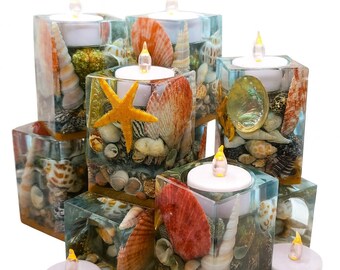 Ocean Themed Square Candle Holder Made w/ Eco-Friendly Epoxy Resin & Seashells - Includes Choice of Real UNSCENTED Tealight or LED Tealight