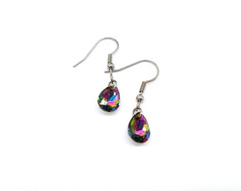 Handcrafted Rainbow Mystic Topaz Teardrop Pendant Earrings - Silver Stainless Steel Ear Wire Hooks - Hypoallergenic