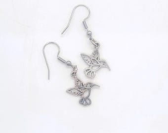Tiny Silver Hummingbird Dangle Earrings / Made with Hypoallergenic Stainless Steel Ear Wire Hooks
