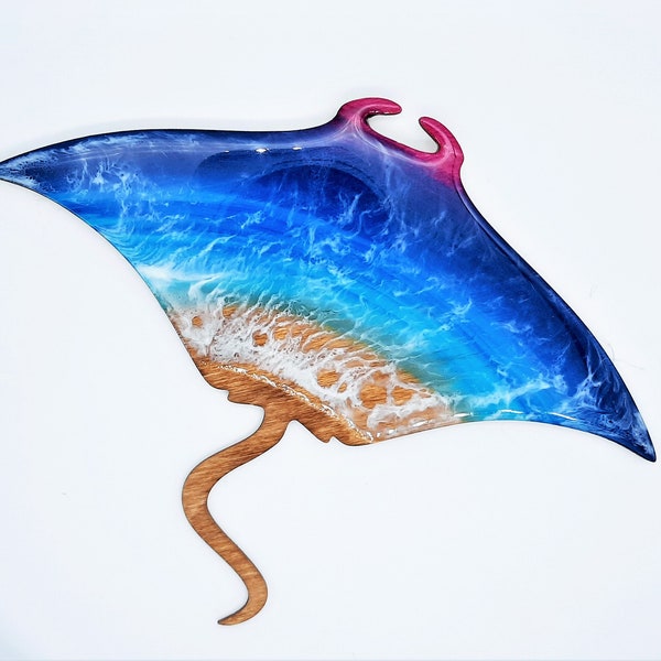 12" Handpainted Eco-Friendly Resin Seascape Coastal Beach Scene on a String Ray / Manta Ray, Deep Contrast Waves, With or Without Real Sand