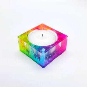 Square Rainbow Alcohol Ink and Mica Candle Holder Made with Eco-Friendly Epoxy Resin