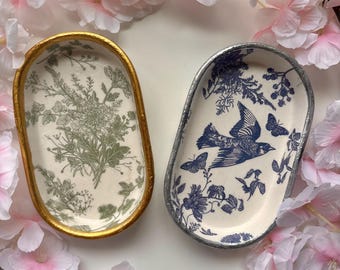 Ceramic Jewelry Dish with Botanical Decoupage and Gold Trim Unique Trinket Tray Handmade Ringholder Gift