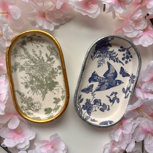 Ceramic Jewelry Dish with Botanical Decoupage and Gold Trim Unique Trinket Tray Handmade Ringholder Gift