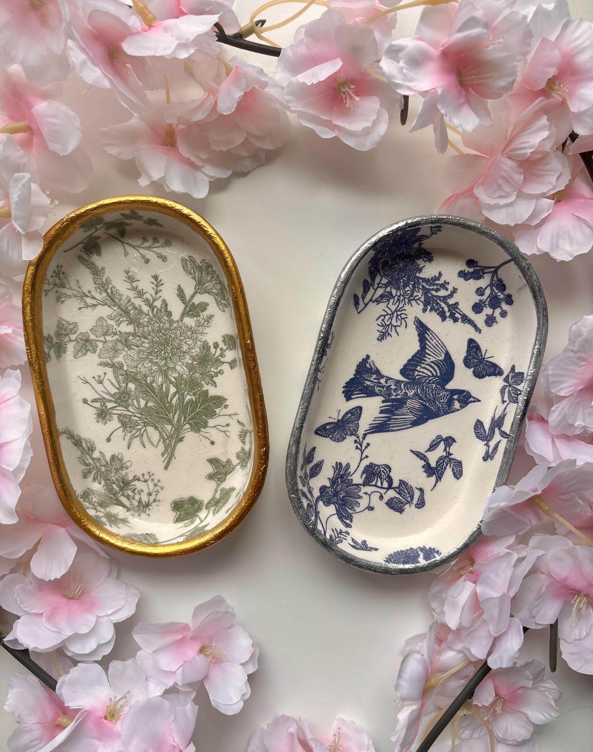 Ceramic Jewelry Dish with Botanical Decoupage and Gold Trim Unique Trinket Tray Handmade Ringholder Gift