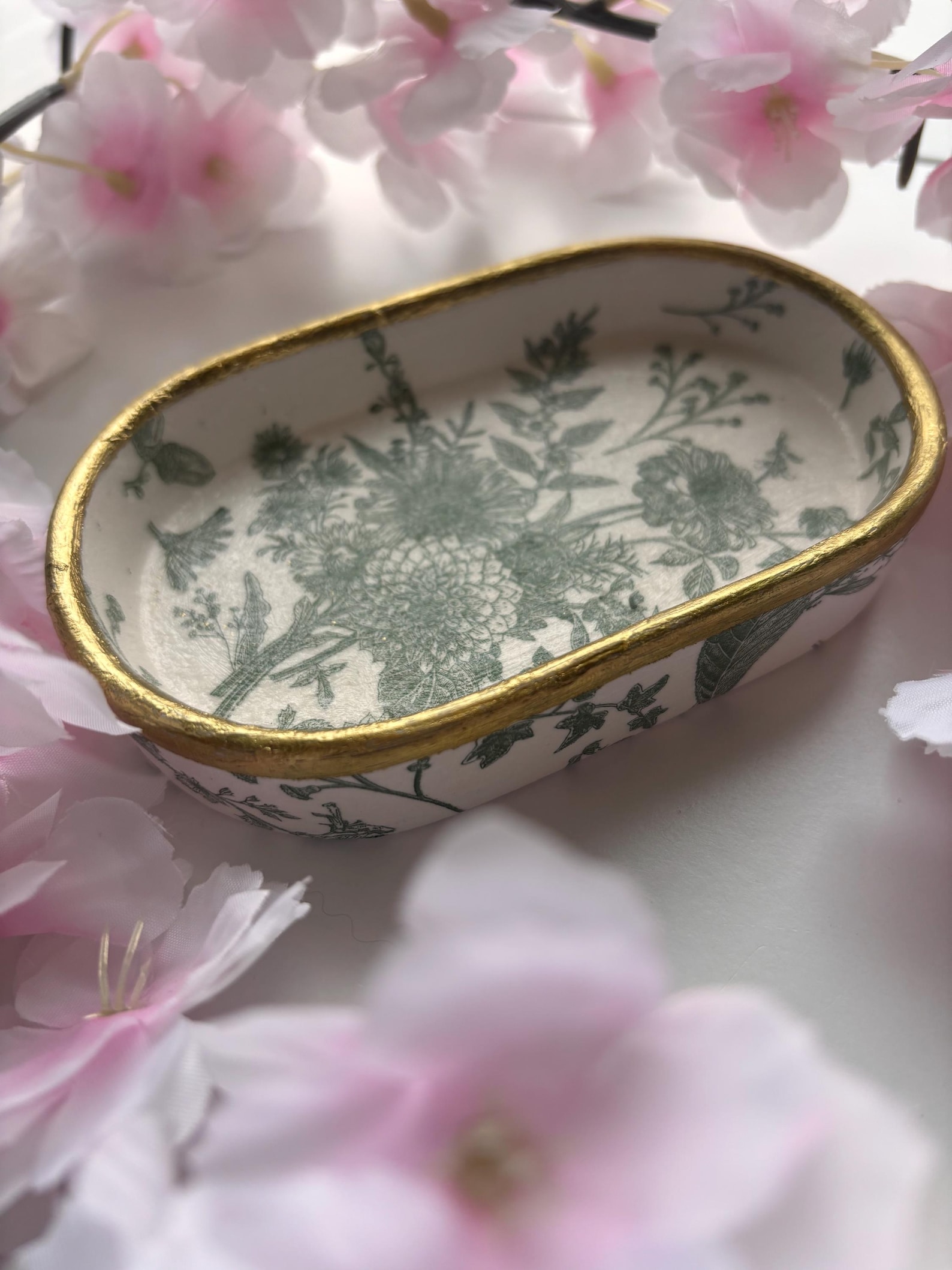 Ceramic Jewelry Dish with Botanical Decoupage and Gold Trim Unique Trinket Tray Handmade Ringholder Gift - Evergreen Keepsake