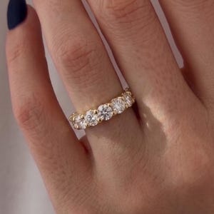 Round Cut Colorless Lab Diamond Wedding Band, Minimalist Band Lab Created Half Eternity Band Shared Prong Setting Women's Wedding Band