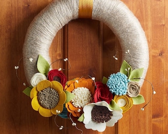 Fall wreath, yarn wreath, wildflower wreath, year round wreath, wool felt flower wreath,autumn wreath,home decor,wedding gift, wedding decor