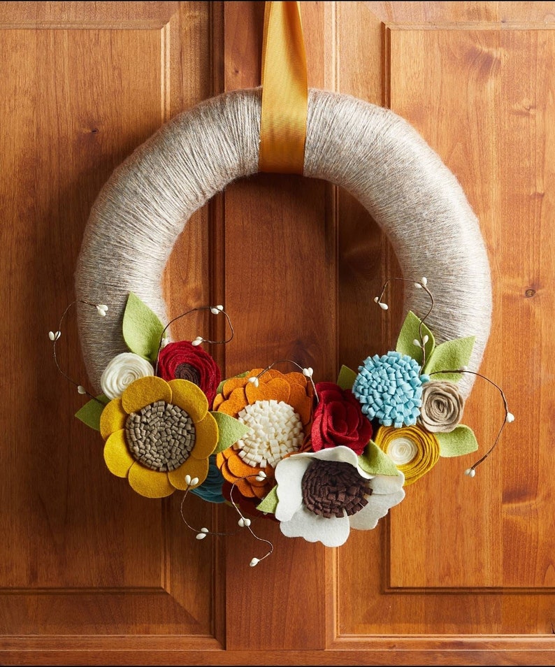 Fall wreath, yarn wreath, wildflower wreath, year round wreath, wool felt flower wreath,autumn wreath,home decor,wedding gift, wedding decor image 1