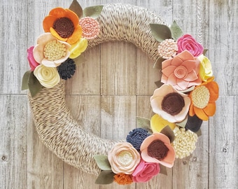 Fall wreath, yarn wreath, autumn wreath, year round wreath, wool felt flower wreath, spring wreath,home decor, spring decor, wedding decor