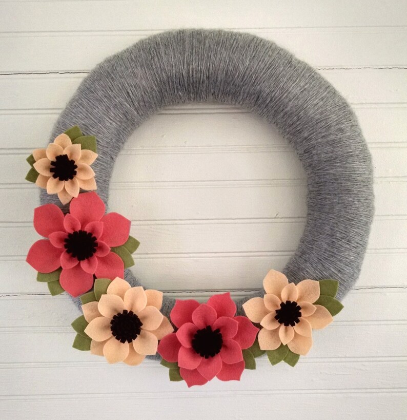 Spring Wreath Felt Flower Wreath Peach & Coral Wreath Etsy