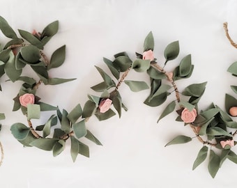 Felt leaf garland, rose garland, rose bud spring wedding, wedding decor, felt flowers, leaf swag, nursery decor, baby room decor, baby girl