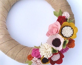 Fall wreath, burlap wreath, felt flower wreath, wildflower wreath, fall decor, wedding decor, fall felt, felt flower wreath