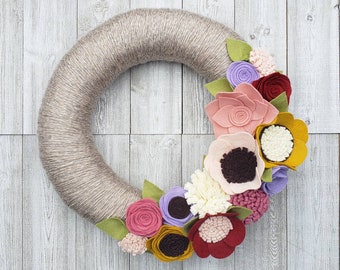 Spring wreath, yarn wreath, wildflower wreath, year round wreath, felt flower wreath, fall wreath,home decor,wedding gift, wedding decor