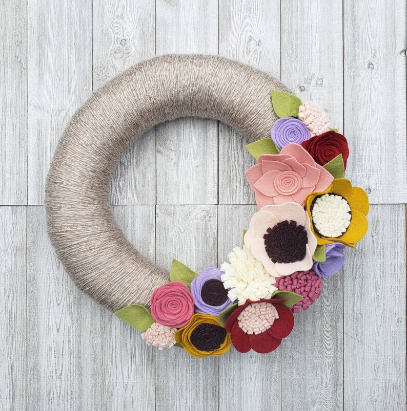 Spring wreath, yarn wreath, wildflower wreath, year round wreath, felt flower wreath, fall wreath,home decor,wedding gift, wedding decor image 1