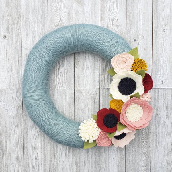 Fall wreath, yarn wreath, wildflower wreath, yarn wrapped wreath, wool felt flower wreath, home decor, wedding gift, wedding decor