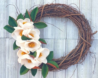 Spring wreath, magnolia wreath, wildflower wreath, year round wreath, felt magnolia wreath, summer wreath,home decor, wedding decor