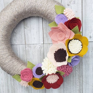 Spring wreath, yarn wreath, wildflower wreath, year round wreath, felt flower wreath, fall wreath,home decor,wedding gift, wedding decor image 2