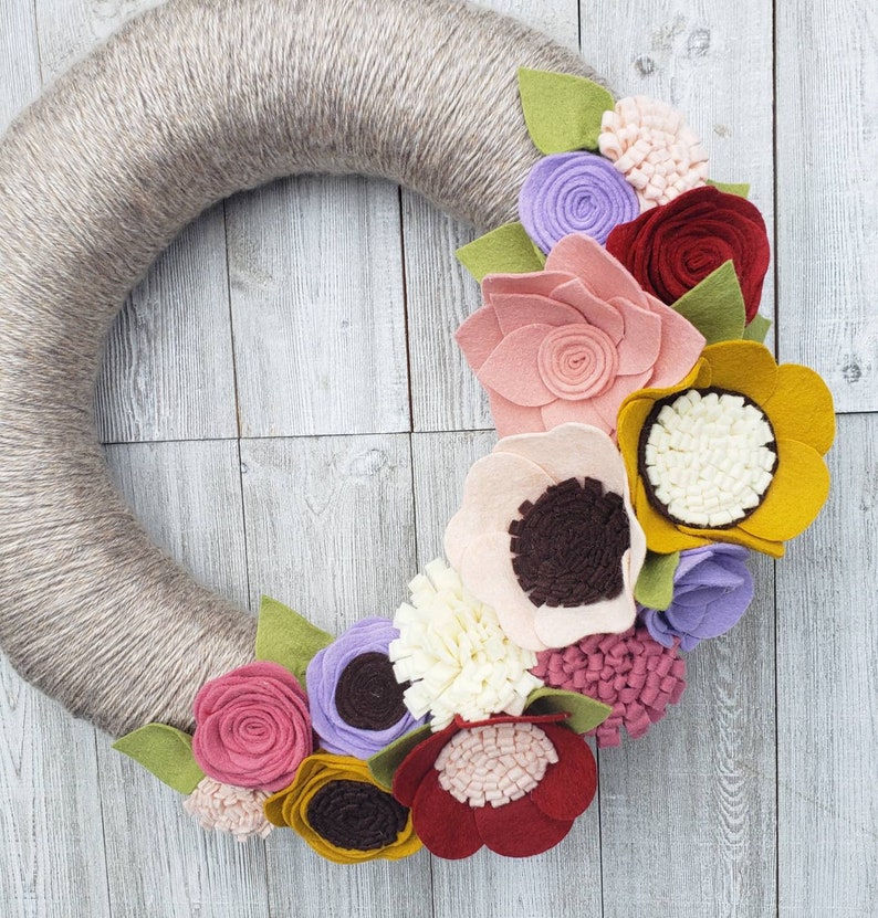 Spring wreath, yarn wreath, wildflower wreath, year round wreath, felt flower wreath, fall wreath,home decor,wedding gift, wedding decor image 2