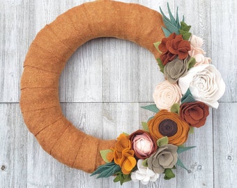 Fall wreath, fabric wreath, felt wreath, year round wreath, wool felt flower wreath,autumn wreath,home decor, fall decor, wedding decor
