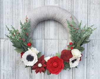 Christmas yarn wreath, Christmas wreath, holiday wreath, wildflower wreath, year round wreath, wool felt flower wreath, winter wreath