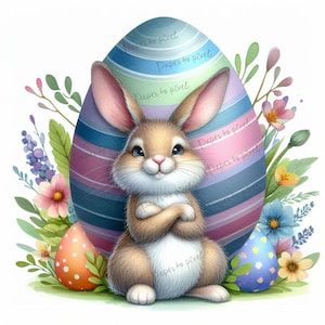 Easter Clipart, 16 Cute Easter Bunnies and Eggs Printable Watercolor, High Quality JPG, Digital Download.