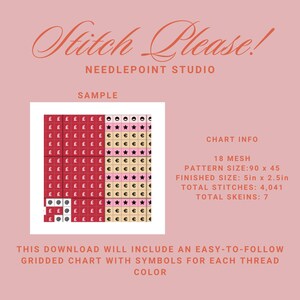 May include: A sample of a needlepoint pattern with a red, white, and black color scheme. The chart info indicates the pattern size is 90 x 45 stitches, the finished size is 5 inches by 2.5 inches, and the total skeins needed are 7.
