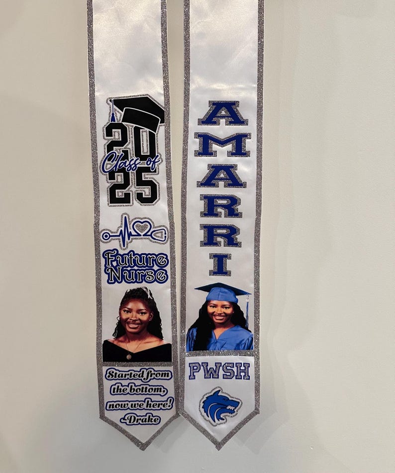 May include: Two white graduation stoles with silver glitter trim. One stole features the text "Class of 25", a graduation cap, and "Future Nurse". The other stole says "AMARI" and "PWSH" with a school logo. Photos of a graduate are included.