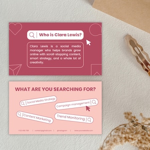 Sjabloon voor interactief roze visitekaartje voor sociale media, bewerkbaar canva-ontwerp voor digitale marketing en contentmerken, speelse visitekaartjes