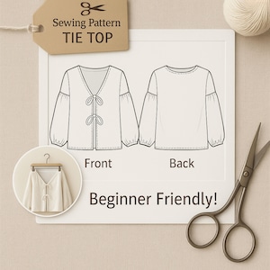 Easy Tie Top Sewing Pattern | PDF Blouse Pattern for Beginners | Loose Fit Summer Top | DIY Women&#39;s Shirt | Simple Sew Top Pattern |